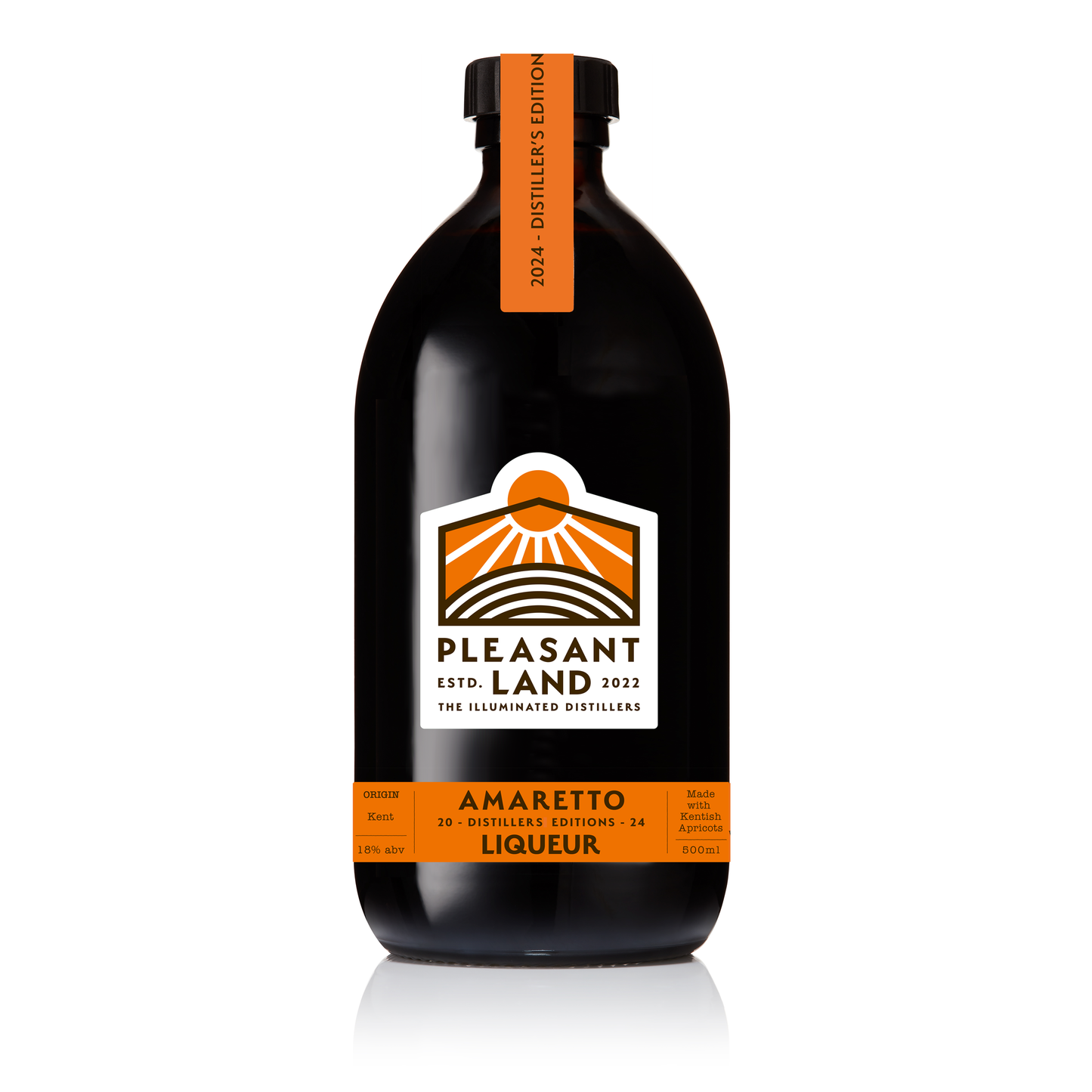 Bottle of Amaretto Liqueur by Pleasant Land Distillery made with Kentish apricots and kernels