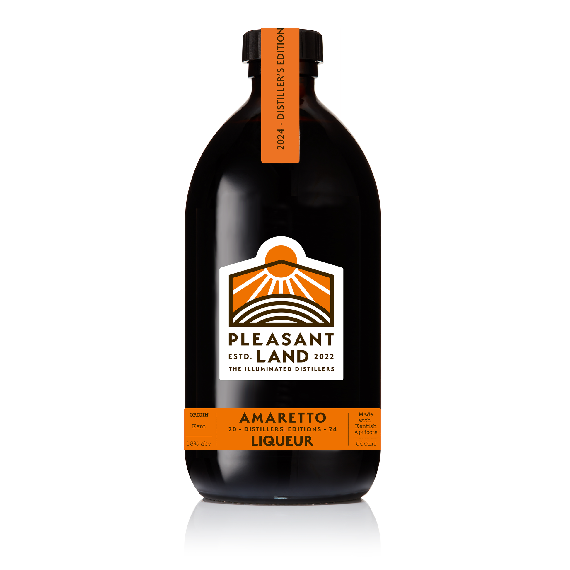 Bottle of Amaretto Liqueur by Pleasant Land Distillery made with Kentish apricots and kernels