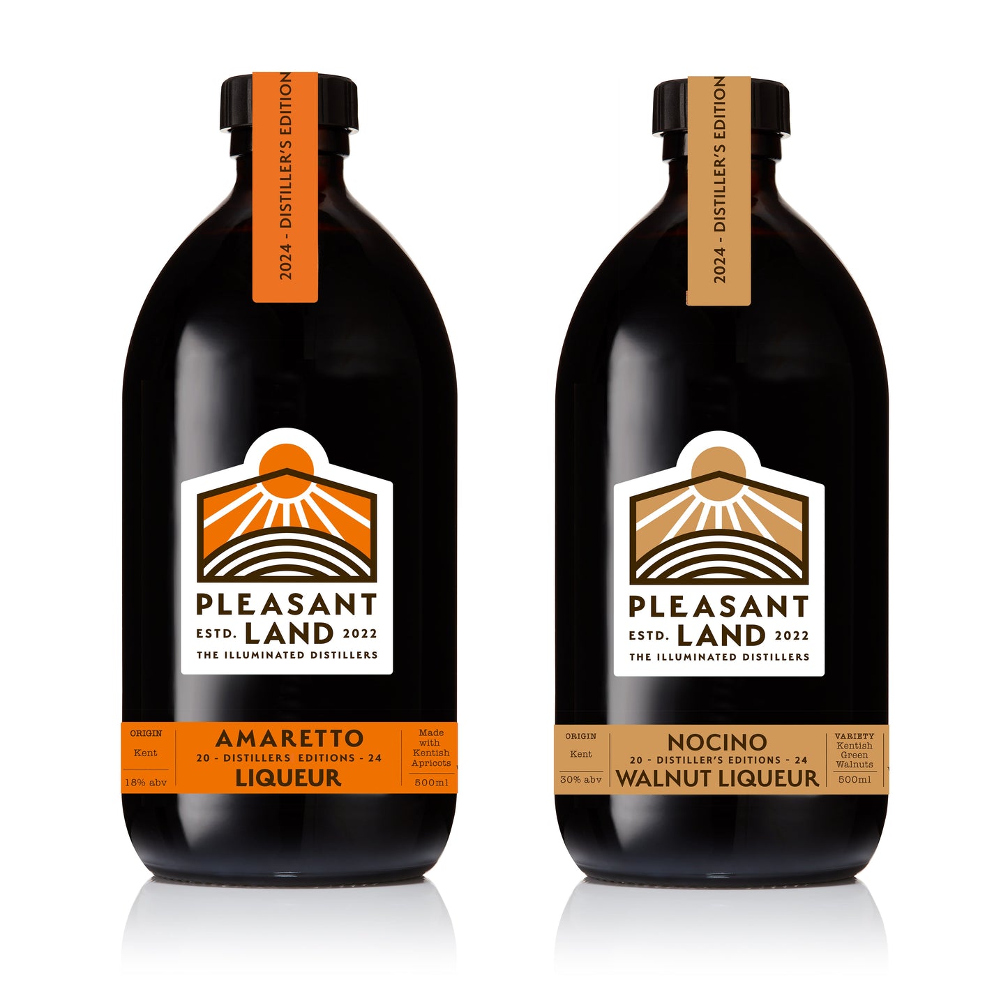 Pleasant Land Distillery liqueur set of nocino walnut liqueur and amaretto liqueur. Sustainably made using 100% renewable energy in Kent using local apricots.