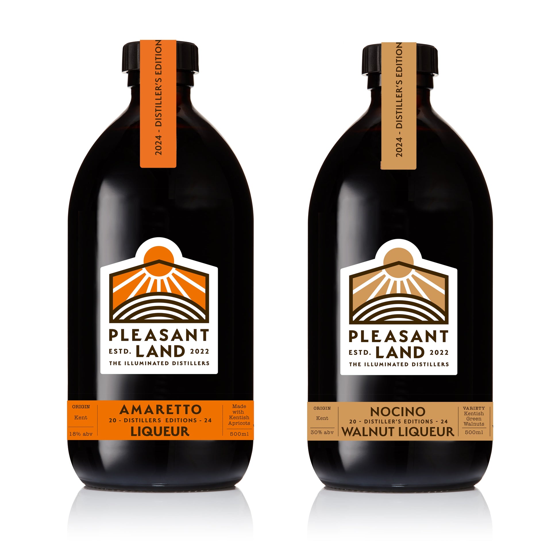 Pleasant Land Distillery liqueur set of nocino walnut liqueur and amaretto liqueur. Sustainably made using 100% renewable energy in Kent using local apricots.