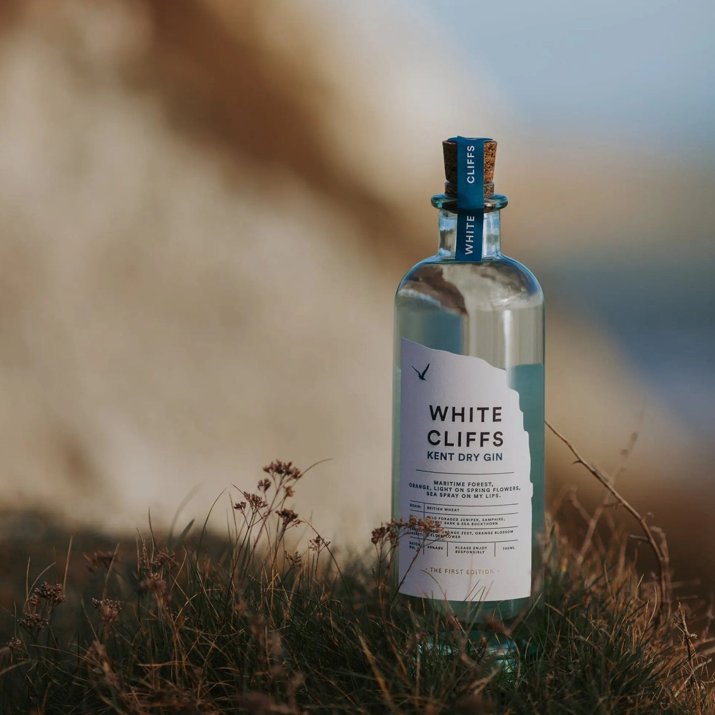 Bottle of White Cliffs Gin by Pleasant Land Distillery with coastal botanical design in the White Cliffs of Dover