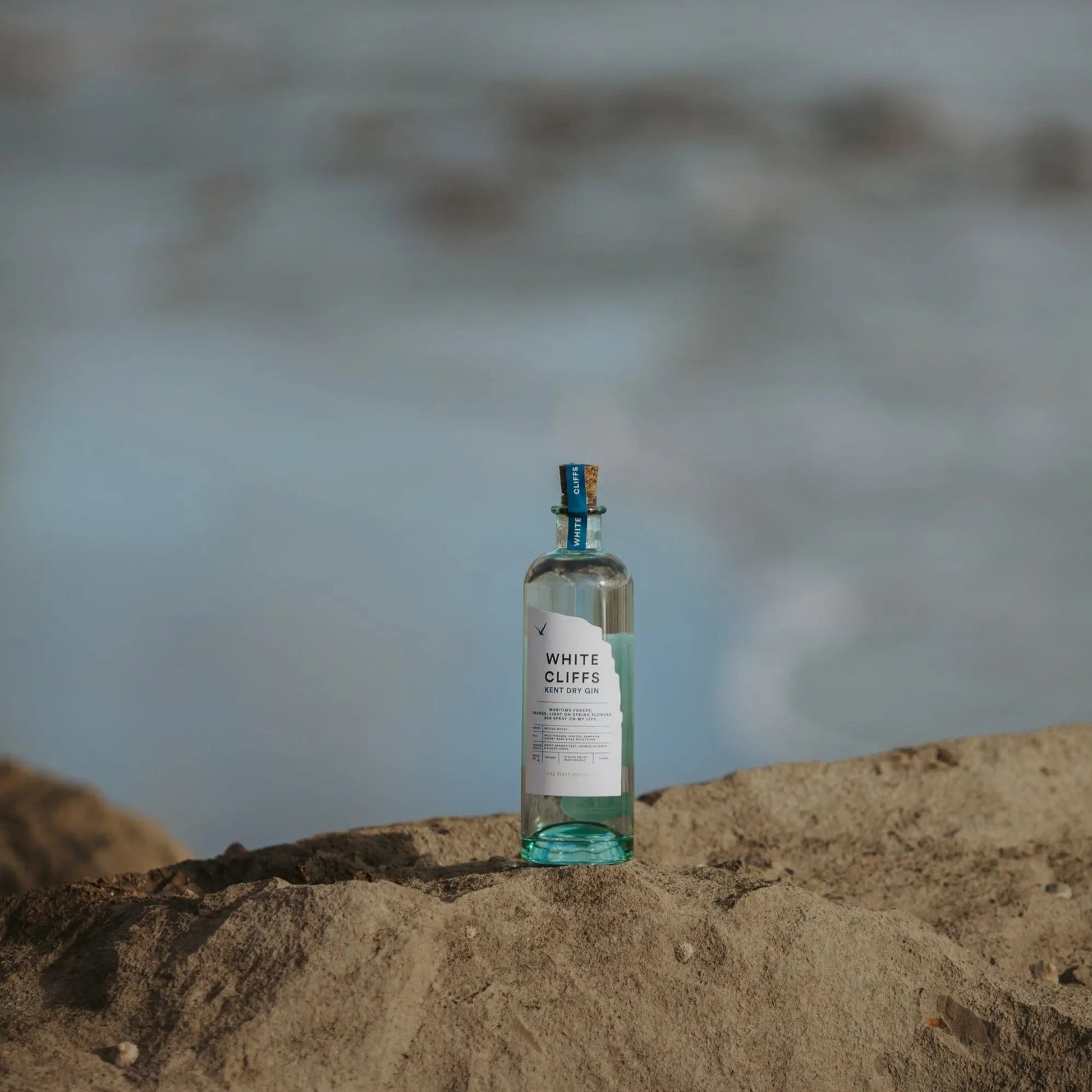 Bottle of White Cliffs Gin by Pleasant Land Distillery with coastal botanical design by the seaside